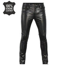 Pantalones informales ajustados de cuero de vaca real para hombre hechos a mano estilo motociclista