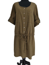Mujeres con Control Camisa Vestido Verde Ejército Talla 1X Bolsillos Broches Cordón Cinturón