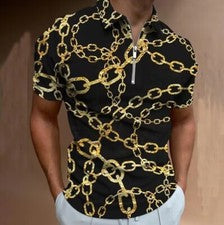 Polo Camisetas Hombres Cuello Cremalera Negro Cadena De Oro Moda Golf Deporte