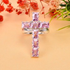 Anillo hecho a mano con piedras preciosas de cuarzo rosa en forma de cruz, anillo cruzado de plata de ley 925.