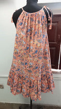 Nuevo Vestido Jaipur Morning Design Azul Naranja Algodón Estampado en Bloque Para Mujer Midi.