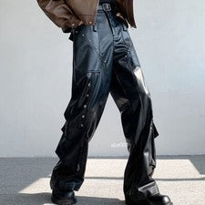 Pantalones rectos de carga hiphop largos de pierna ancha estilo americano para hombre de cuero PU