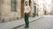 Pantalones de mezclilla informales de cuero de piel de cordero estilo encaje marrón verde y tostado para hombre