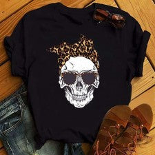 Mode Leoparden-Schädel bedrucktes Damen-T-Shirt Sommer Lässiges Frauen-T-Shirt
