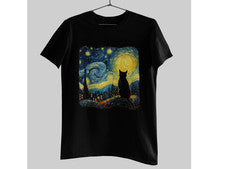 Camiseta Gato Noche Estrellada Estilo Van Gogh Cielo Nocturno Gato Silueta Camiseta 100% Algodón