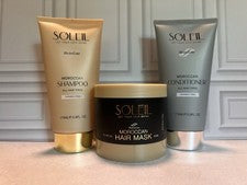 Soleil HydroLine Juego de Cuidado del Cabello Marroquí Champú Acondicionador Mascarilla Capilar 3 Piezas