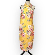 Vestido Vaina London Times Plisado Cuello Halter Para Mujer 10 Amarillo Floral Nuevo Con Etiquetas