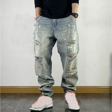 Pantalones de mezclilla ajustados desgastados clásicos rasgados retro sueltos de moda para hombre