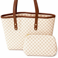 Bolso de Mano Mujer Beige Marrón Monograma con Bolsa de Cosméticos a Juego Cartera de Hombro
