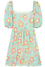 Vestido para mujer - Vestido sin solero estampado naranja turquesa - Vestido manga abullonada - Mediano
