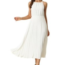 WD·NY Mujer Blanco Plisado Halter Midi Vestido Cintura Elástica Gasa Talla Pequeña