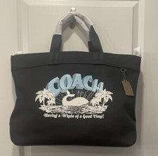 Bolso de Mano Coach Negro Multi Lona y Cuero Liso Gráfico de Ballena 38 (CT899) -NUEVO CON ETIQUETAS