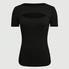 Camiseta para mujer Pure Color manga corta cuello redondo poliéster longitud regular