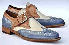 Zapatos formales de diseñador hechos a mano para hombre de tres tonos marrón blanco y azul con punta de ala