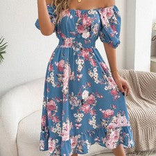 Vestido midi mujer flores sin hombros puff manga corta boho verano playa