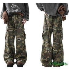 Pantalones Retro Alto Agujero Rasgado Camuflaje Hombres Mujeres Bolsillo Grande Informal Trabajo Sueltos