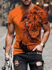 Camisetas estampado león digital naranja gráfico moda manga corta ligera hombre