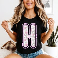 Camiseta para mujer H con iniciales con monograma floral estilo vintage
