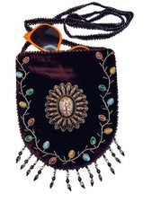 Bolso Bandolera Artesanal Terciopelo Cuentas Bordado Diseño Floral y Flecos de Cuentas