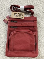 NUEVO CON ETIQUETAS Bolso Bandolera Cuero Guijarro Genuino Rojo Profundo Cartera de Hombro Multi-Zip 9”