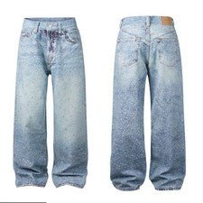 Pantalones de mezclilla holgados de moda para hombre con patrones completos de estrás estilo urbano