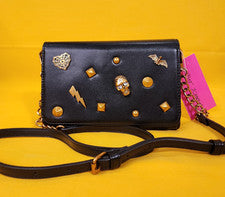 Bolso Bandolera Bolso sin asas Betsey Johnson Negro Dorado Calavera Murciélago Halloween NUEVO