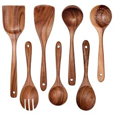 Juego de utensilios de cocina de madera antiadherentes - 7 herramientas de teca natural para cocinar