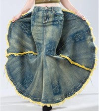 Mujeres Retro Azul Denim Jean Vestido Informal Sexy Grande Sirena Falda Borlas Moda