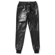 Pantalones de cintura elástica para hombre regulares informales estilo jeans cuero negro real