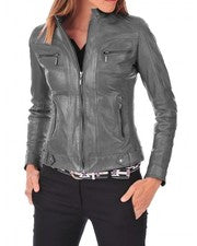 Chaqueta artesanal para mujer gris 100 % piel de cordero real motociclista motocicleta