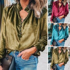 Sexy Camisa Para Mujer Moda Cuello en V Volantes Cuello Alto Mangas Largas Prendas para el torso Sueltas