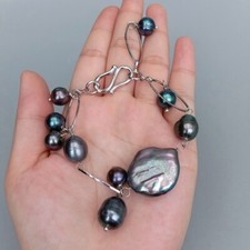 Pulsera con dije de cadena de perlas de arroz y perlas Keshi negras de agua dulce de 8" para mujer
