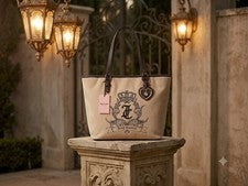Bolso de Mano Juicy Couture Para Mujer Beige Logo Marrón Doble Cuero Asas Dije