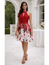Vestido midi WOW Couture para mujer rojo floral cuello falso sin mangas talla L nuevo con etiquetas
