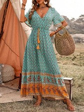Maxivestido de mujer estampado floral y mangas con volantes