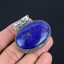 Colgante de piedras preciosas ovaladas de lapislázuli natural joyería hecha a mano de plata de ley 925