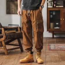 Pantalones de Trabajo Retro Americanos Hombres Moda Sueltos Cordón Bolsillo Grande Informales Pantalones