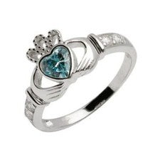 ANILLO CLADDAGH PLATA ESTERLINA NIÑOS DAMAS AQUA MARINE CZ MANOS EN CORAZÓN IRLANDÉS