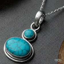 Collar Boho Ovalado Hecho a Mano Turquesa 925 Plata de Ley Doble Piedra Colgante