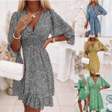 Vestido oscilante con cuello en V de vacaciones para mujer túnica floral damas media manga