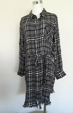 Camisa de vestir Aqua para mujer con botones cuello delantero con cinturón a cuadros negra gris M