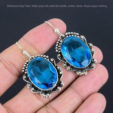 Pendientes colgantes boho colgantes de plata de ley 925 con topacio azul suizo y piedras preciosas