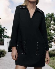 Mini Vestido ZARA Negro con Apliques de Metal Borde Talla S