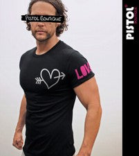 Camiseta Pistol Boutique Para Hombre Ajustada Negra Crew Manga Enrollada LOVE ARROW HEART