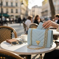 Bolso de Hombro Valentino Orlandi Azul Claro Acolchado Cadena Coqueta Dinero Antiguo Elegante