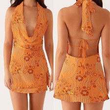 Mini Vestido Para Mujer Lentejuelas Cuello Halter Profundo Cuello en V Naranja Bordado Nuevo sin Etiquetas