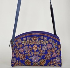 Bandolera Hecha a Mano Estilo Vintage Azul Floral Bordado Para Mujer