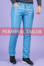 Pantalones de mezclilla de cuero real azul cielo genuino para hombre estilo 5 bolsillos pantalones de moto