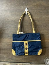 NUEVO BOLSO DE MANO FINO DE MODA PARA MUJER AZUL MARINO CON BOTONES MARRONES NUEVO SIN ETIQUETAS