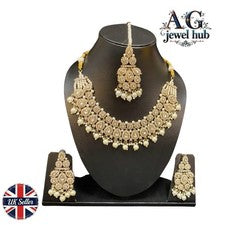 Juego de collar y pendientes para mujer con oro Tikka con color blanco